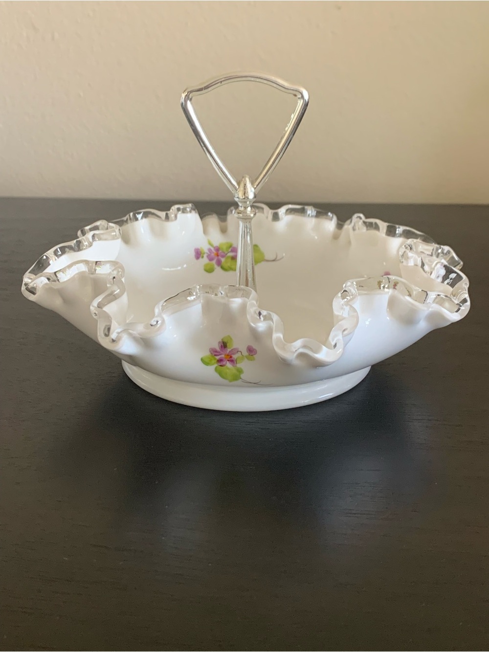Vtg Fenton Violets in the Snow Milk Glass Candy Bon Bon Dish Signed M. Dickinson